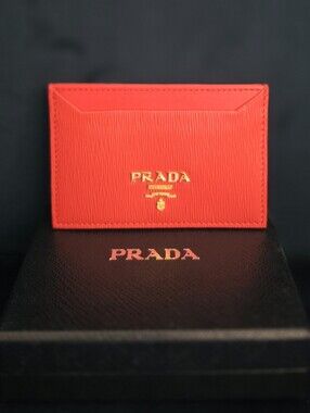 PRADA Red Saffiano Leather Card Case with Gold Logo